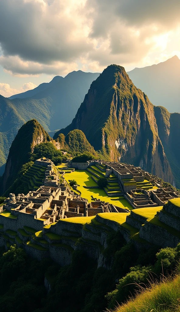 a beautiful landscape of machu picchu, ancient inca ruins, dramatic cloudy sky, lush green mountains, detailed architecture, famous landmarks, cinematic lighting, golden hour, photorealistic, 8k, high quality, professional photography