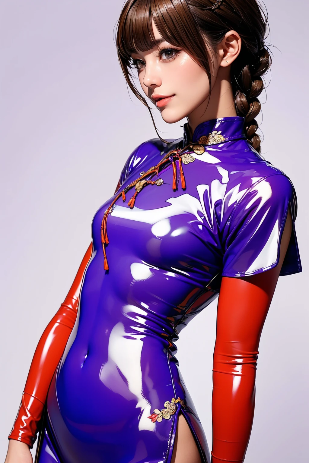 Realistic, masterpiece, Highest quality, Highest Resolution, Anatomically correct, Accurate Anatomy, 7 heads, Height: 165cm, One Japanese woman, A smiling face with some teeth showing, Profile looking at the viewer, Fine and beautiful eyes, Sparkling eyes, Thin eyebrows, Gives lashes a delicate finish, False eyelashes, (Chinese traditional makeup:1.2), (Braided hair, Blunt bangs, Brown Hair:1.2), Detailed face, Sharp Eyes, (Classic white and purple latex cheongsam, Tight-fitting clothing:1.3), Bust up photo, Blank background in warm colors