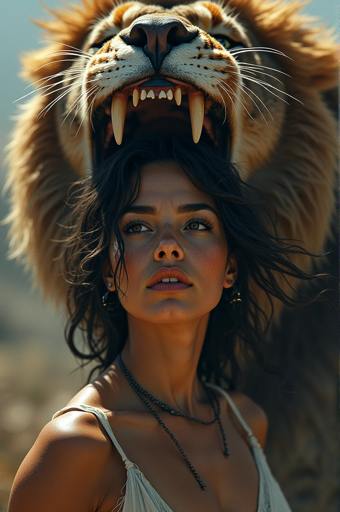 Female in lion mouth