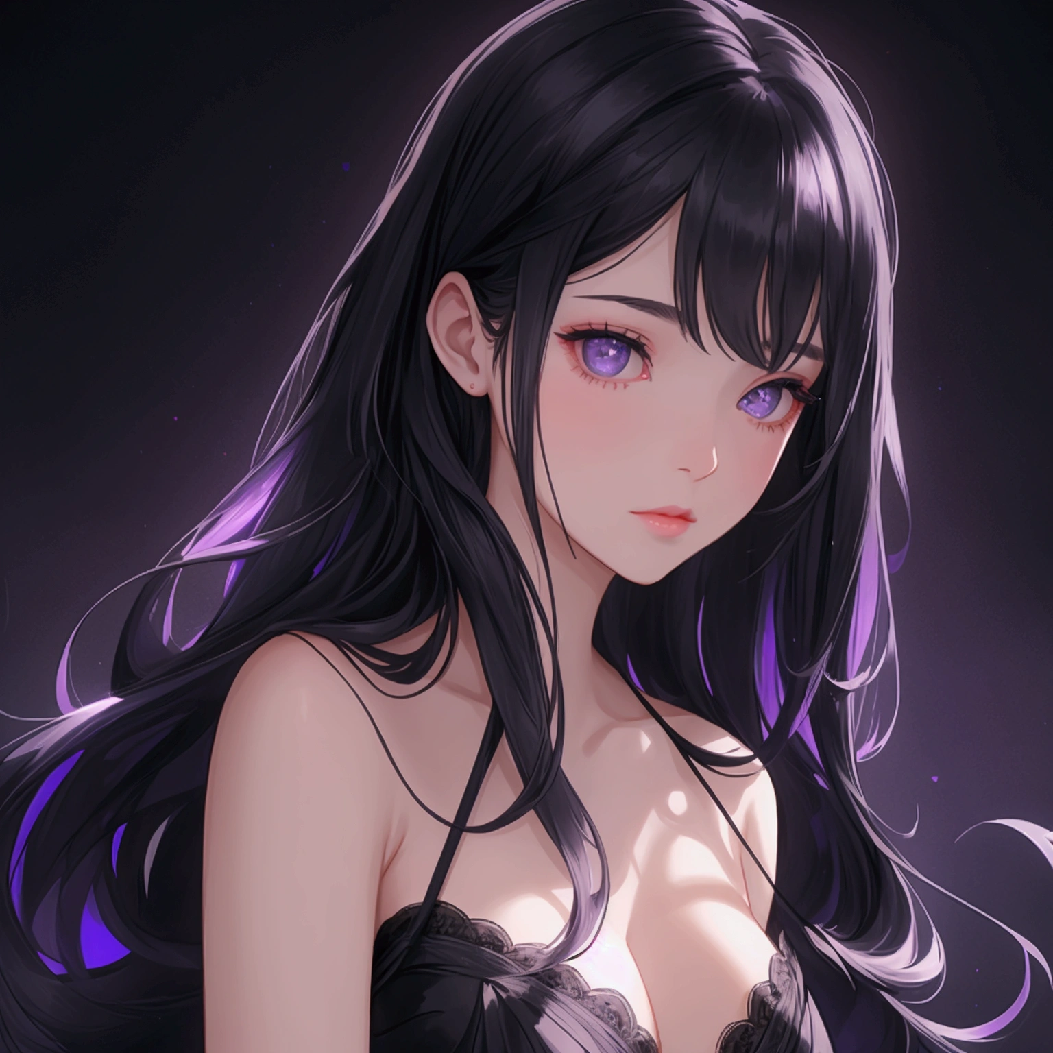 Beautiful young woman with long black hair wearing a night dress. The background is a stage with violet and black tones. There is a spotlight shining on her face. Close-up.