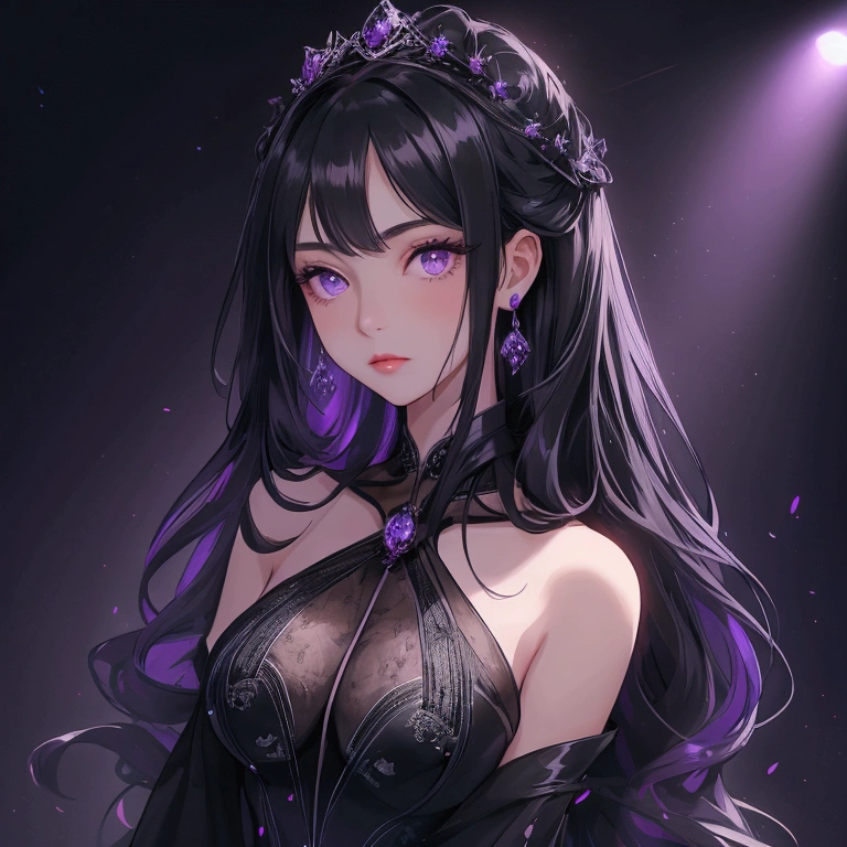 Beautiful young woman with long black hair wearing a night dress. The background is a stage with violet and black tones. There is a spotlight shining on her face. Close-up.
