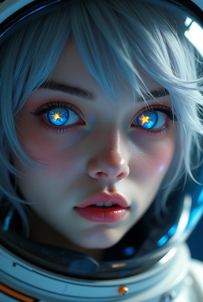 (Close-up of a better masterpiece:1.5)0.9], (Space and astronauts:1.2) (Messy silver hair:1.1) (Heterochromia xanthochromia and blue eyes:1.2) (Space Helmet:1.0) (Colored stars in the eyes:1.0) (A radiant glow:1.1) (thick lips:0.9)