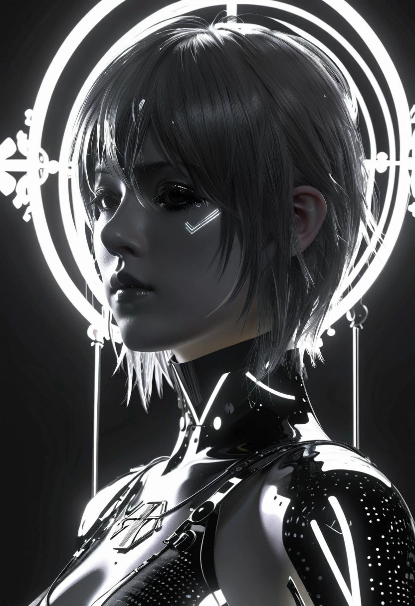 Satellite, lord of mystery, Suzuki, money rain, nier automata, symmetrical backlighting, highly detailed, vray, 3D geometric neon rendered portrait, chrome, black and white, digital art, trending on artstation, octane render, anime style, fashion model