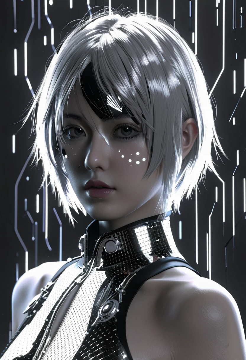 Satellite, lord of mystery, Suzuki, money rain, nier automata, symmetrical backlighting, highly detailed, vray, 3D geometric neon rendered portrait, chrome, black and white, digital art, trending on artstation, octane render, anime style, fashion model
