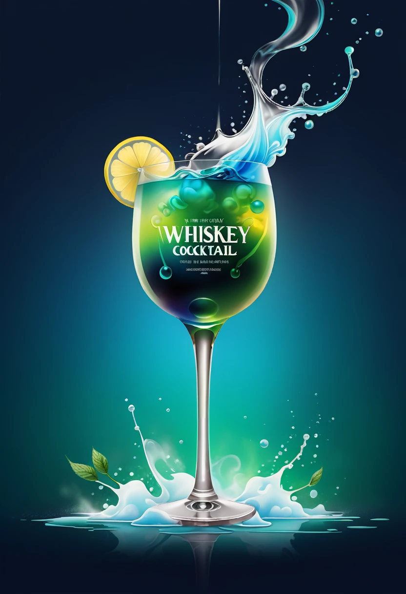 Big poster (English text)Introducing the whiskey cocktail title(artistic font design) Whiskey cocktail cool blue liquid with mint and lemon slices in an elegant tall cocktail glass (blue to green gradient fantasy color gradient )
ice smoke, splash, Droplet high dynamic science fiction, dark energy, 空靈的 周圍發光的廷德爾效應 迷人的光芒 液態水splash周圍閃亮的旋轉高動態漩渦
Big poster (English text)Introducing the whiskey cocktail title(artistic font design) Swirl dynamics around slime energetic drink poster ( Correct and perfect anatomy )
Ultra-detailed animation art and visual effects masters perfectly compose intricate digital art