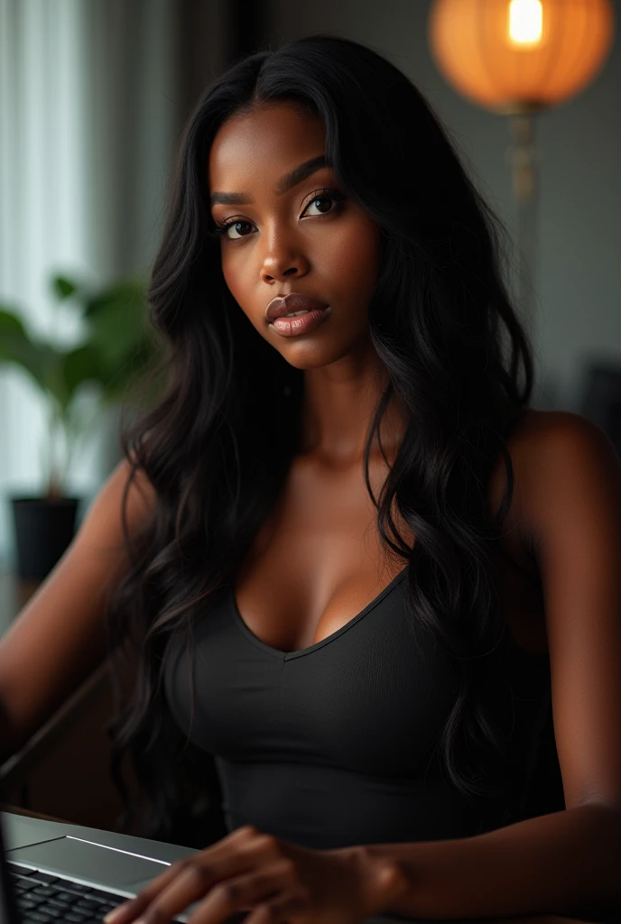 a gorgeous African girl with long dark hair, detailed eyes, nose, and lips, large breasts, wearing  a tank top, sitting in her office, using her computer, hp computer (best quality,4k,8k, highres,masterpiece:1.2),ultra-detailed,(realistic,photorealistic,photo-realistic:1.37),HDR,studio lighting,extremely detailed face and body, portrait,cinematic lighting,dramatic lighting,warm color tones,dramatic colors