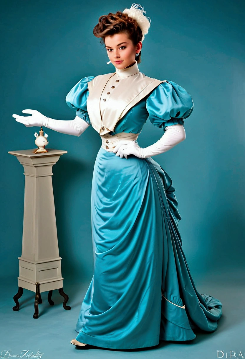 1girl, 1man. Humanized Daisy Duck as a hot 15yo Gibson Girl, seducing a horny 69yo gentleman. 1890s fashion. Victorian high-collar turquoise dress with long puff sleeves cuffed into wrist-high white silk gloves. 1890_dr3ss