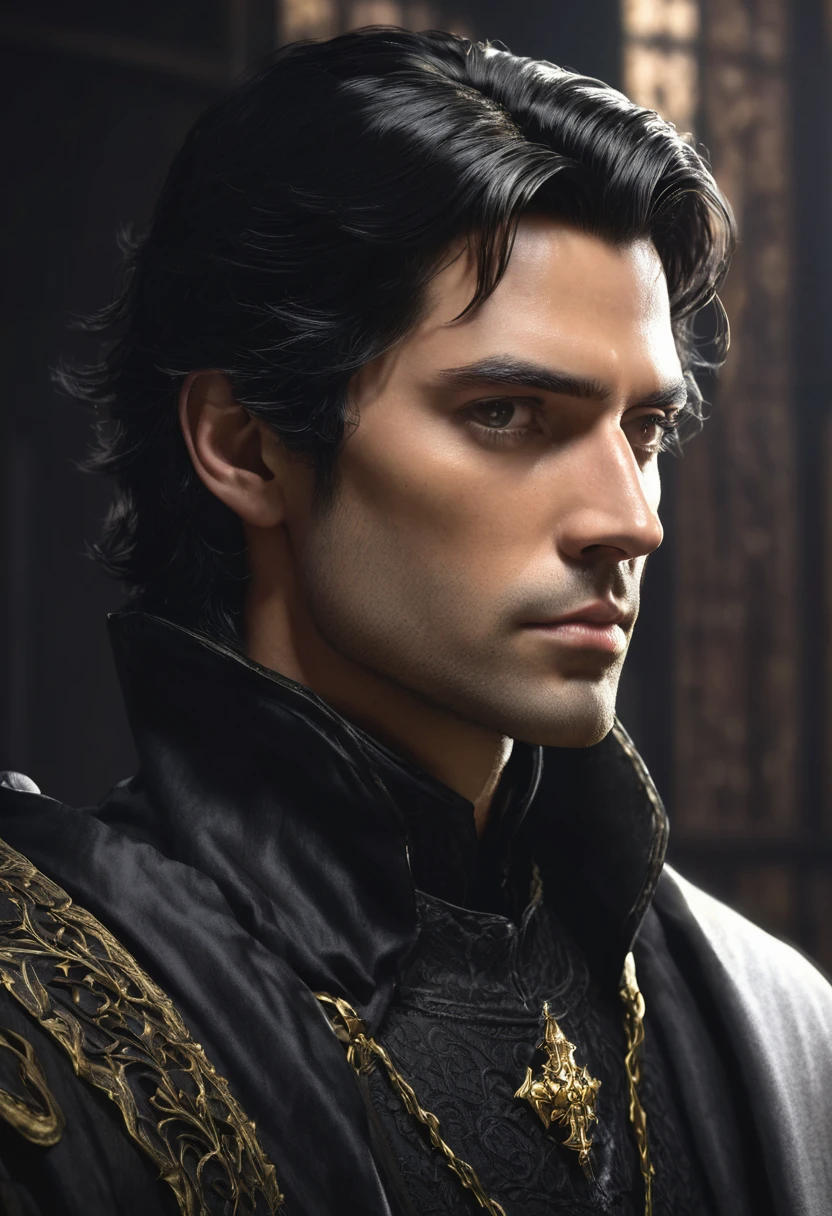 1 man, background is a dark room surrounded by dark shadows, wearing a black medieval outfit, detailed facial features, masculine yellowish eyes, detailed dark tan skin, short black hair, handsome prince face, dramatic lighting, cinematic composition, dark light palette, dark colors, atmospheric haze, thin chin, serious face, strong handsome man, adult man, ultra realistic, profile picture, adult man, close up profile image (best quality, 4K, 8K, high resolution, art: 1.2), ultra detailed (realistic, photorealistic, photorealistic: 1.37)