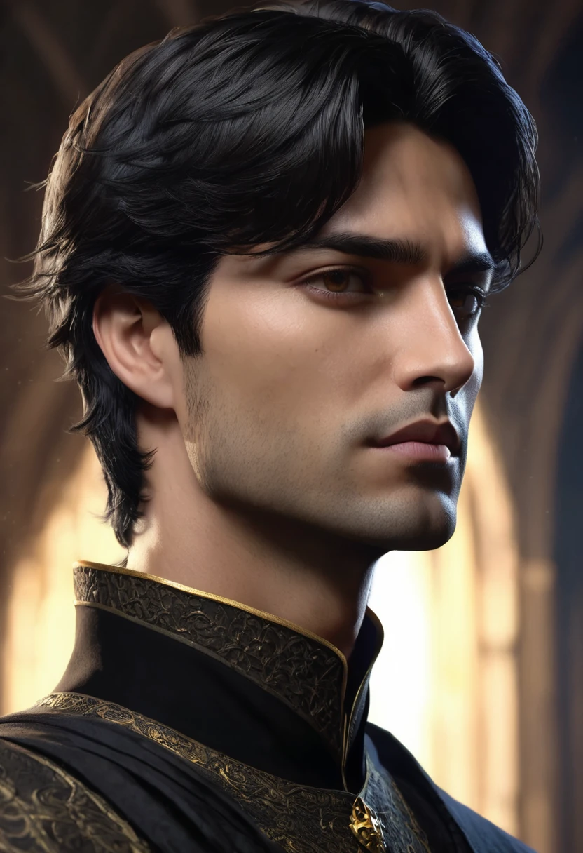 1 man, background is a dark room surrounded by dark shadows, wearing a black medieval outfit, detailed facial features, masculine yellowish eyes, detailed dark tan skin, short black hair, handsome prince face, dramatic lighting, cinematic composition, dark light palette, dark colors, atmospheric haze, thin chin, serious face, strong handsome man, adult man, ultra realistic, profile picture, adult man, close up profile image (best quality, 4K, 8K, high resolution, art: 1.2), ultra detailed (realistic, photorealistic, photorealistic: 1.37)