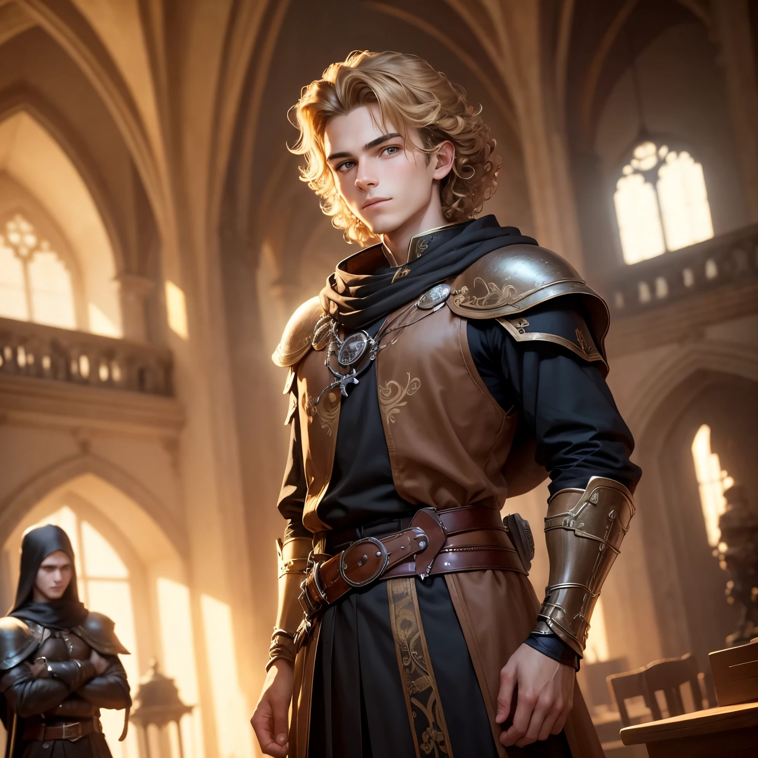 ((best qualityer)), ((work of art)), (detailded), 8k, 4K, hight contrast, work of art,  Meticulous attention to facial features and hair strands,  young man, an adventurous man with curly blond hair ,black mantle,layer , Arms crossed pose ,battle costume ,slightly-smile,in the background a castle hall ,clear lighting, detailed shadows 