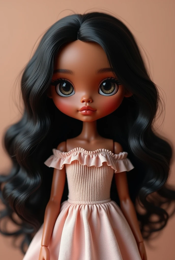 Blythe doll medium brown skin Long wavy black hair, no bangs middle part hair and black eyes