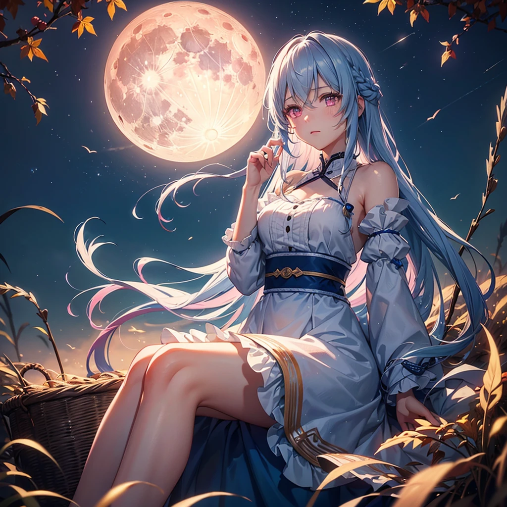 (Sky blue braided medium length hair), (Pink eyes),(Fair skin) ,(whole body),(One Girl),(harvest moon),(Miscanthus sinensis in the background),autumn,(full moon),(masterpiece, Highest quality, Very detailed, Best Shadow), (Detailed Background), (Beautifully detailed face), High Contrast, (Best lighting, Very delicate and beautiful), ((Cinematic Light)), Hyper Detail,8k, Dramatic Light,