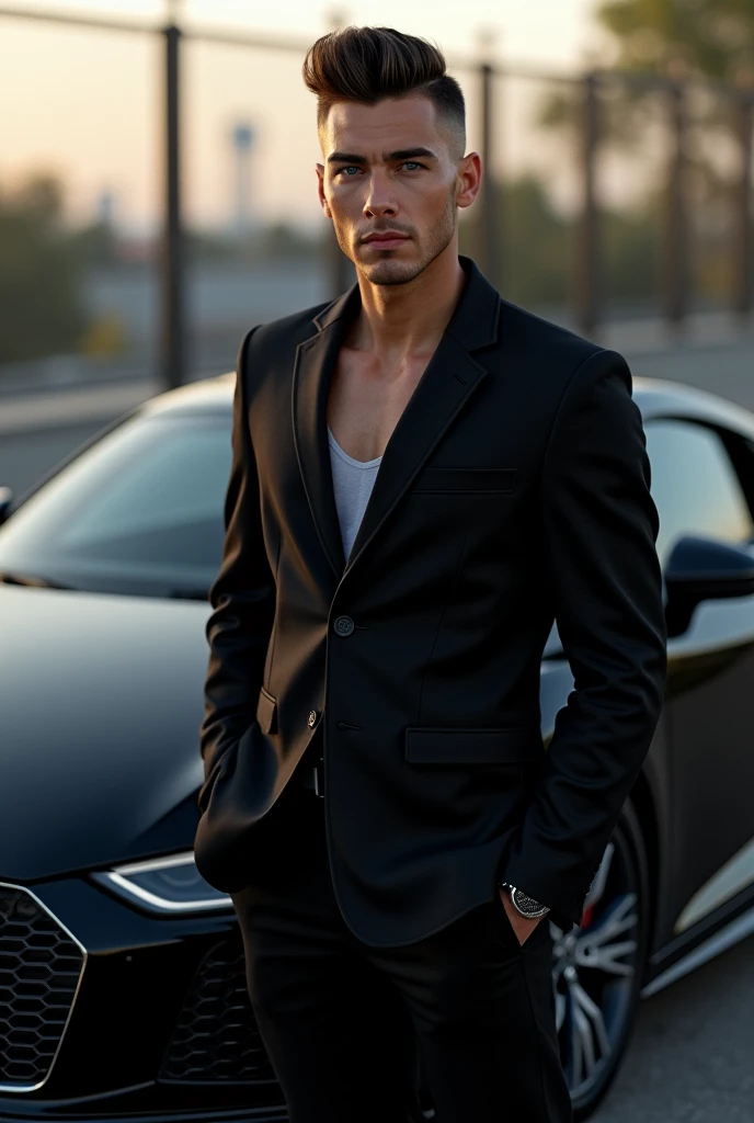 Handsome guy with french crop, blue eyes, Black blazer, Audi R8 v10