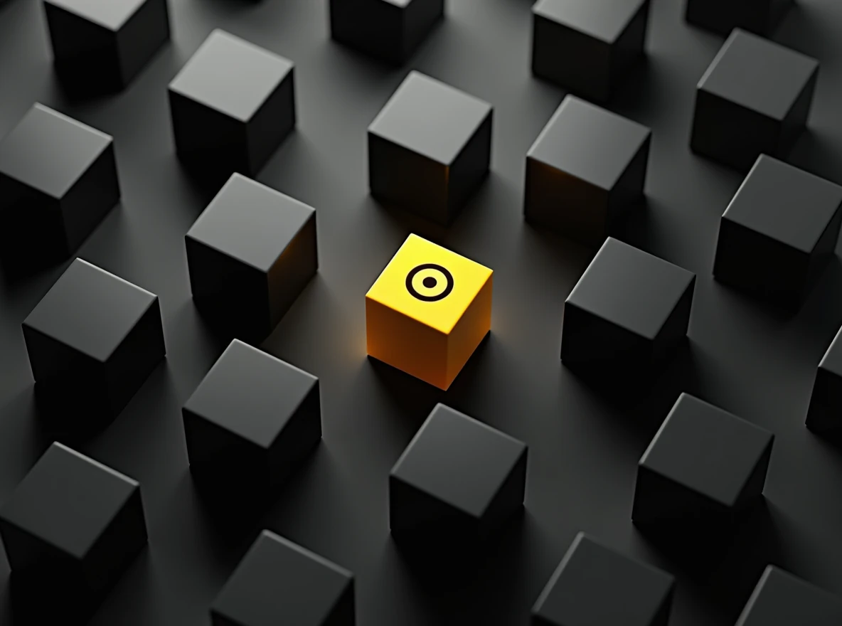 Many Gray Cubes, one of them yellow and with a Target