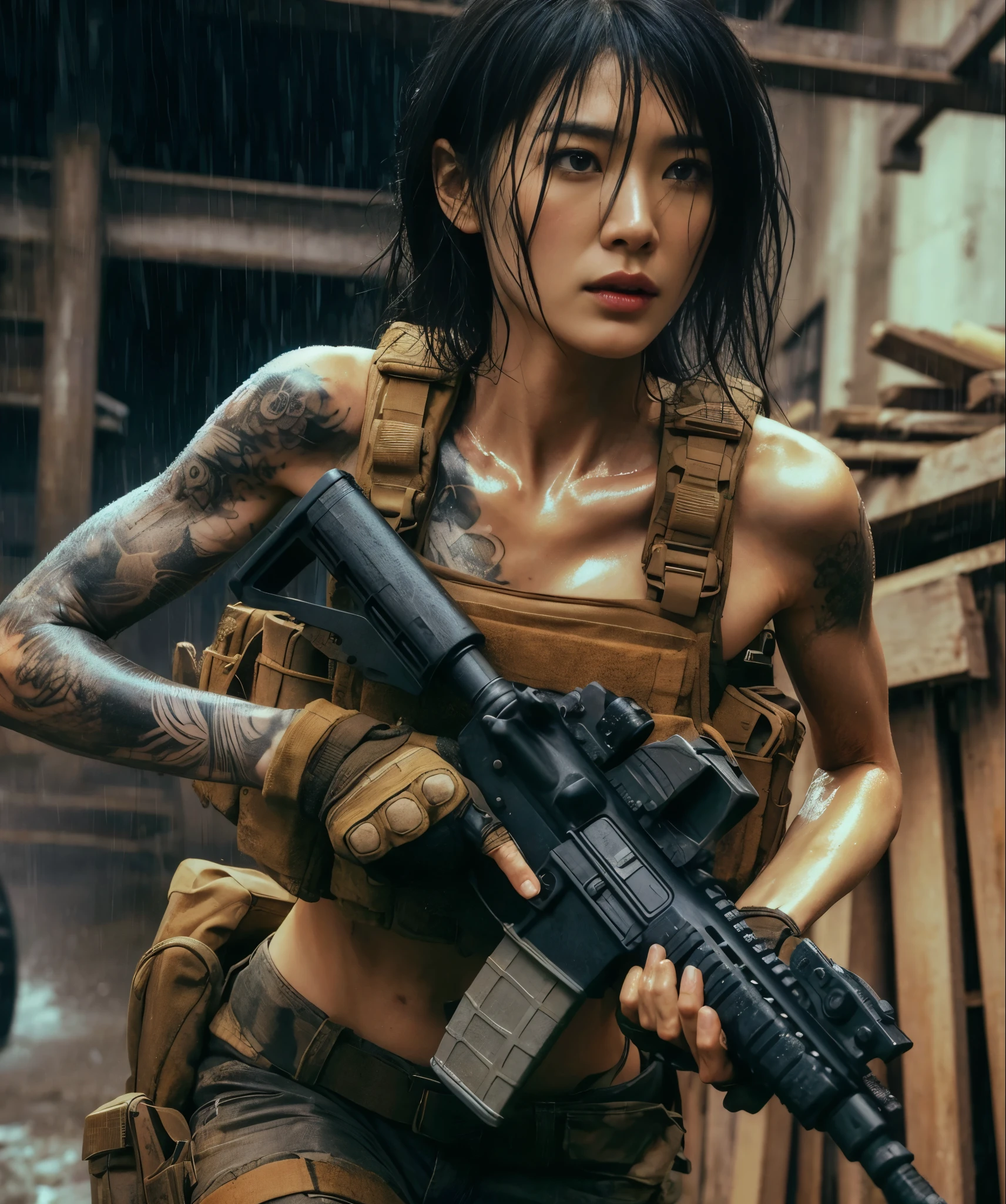8k,Realistic Photo、Realistic Skin Texture、Superrealism、Japanese women in the U.S. military、Tattoo、Under the old bridge、Waste、Automatic rifle、Heavy equipment、after the rain、Covered in scars、It is dirty、muscle、The background is out of focus、Run while avoiding gunfire、Bullets at your feet、Desperate look、Scream、Dramatic Images、Sprinting Fierce Battle、Ace、Flying bullets