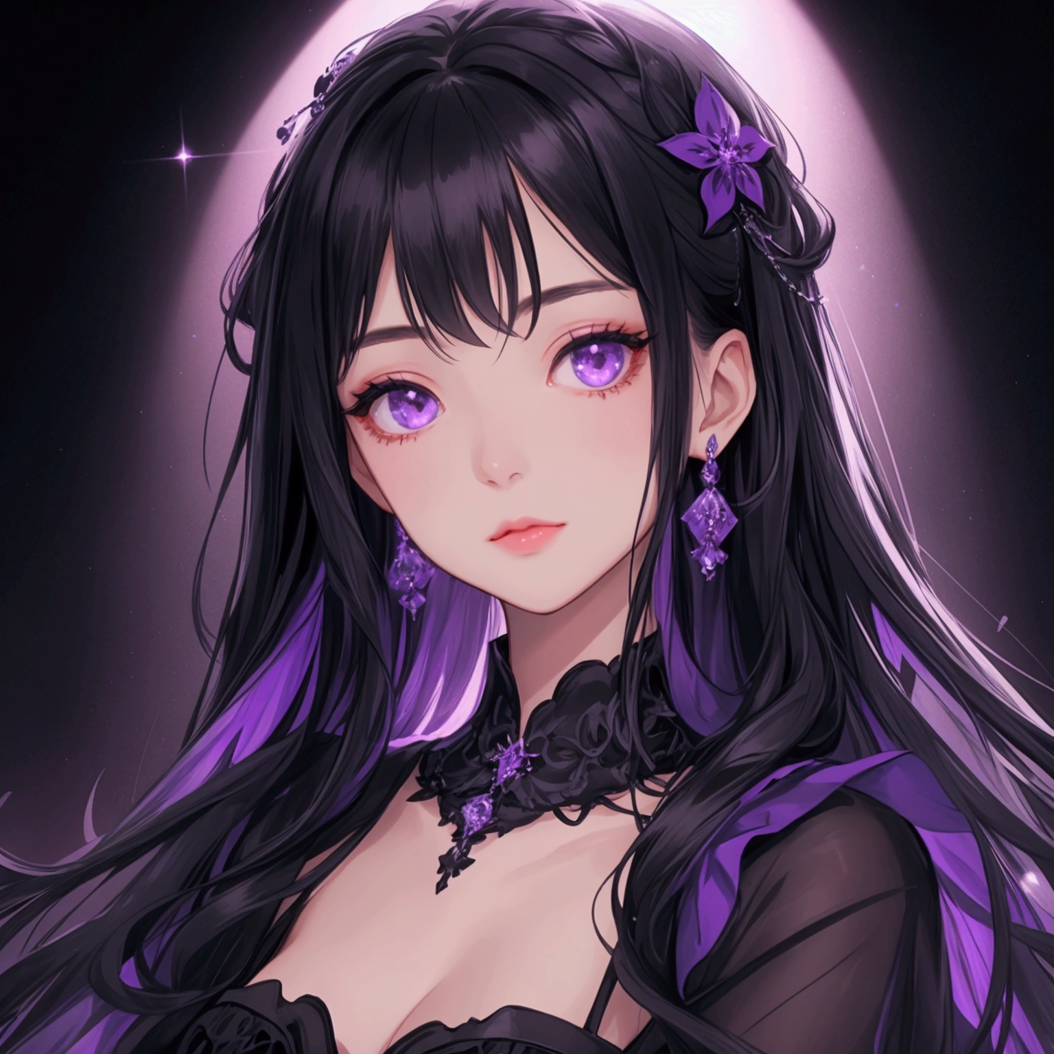 Beautiful young woman with long black hair wearing a night dress. The background is a stage with violet and black tones. There is a spotlight shining on her face. Close-up.