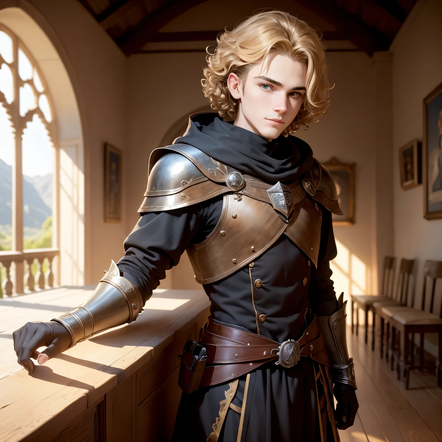 ((best qualityer)), ((work of art)), (detailded), 8k, 4K, hight contrast, work of art, Meticulous attention to facial features and hair strands, young man, an adventurous man with curly blond hair ,black mantle,layer , Arms crossed pose ,battle costume ,slightly-smile,in the background a castle hall ,clear lighting, detailed shadows