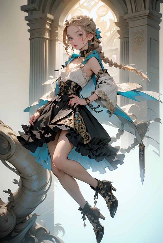 (((masterpiece, of the highest quality, super detailed))), 1girl, (big forhead:1.2),extremely detailed cute anime face, (((flat chest))), ((flat chest:1.1)),((((long twin braids,tight braids,long braid,braided hair,long hair)))), long hair, red hair, white hair, blonde hair, dark hair, ((ponytail, thick ponytail, heavy ponytail)), (a female knight of an occult order), (an occult saint), (combat pose), (ready for combat), (resolved expression), (resolute expression), (((a beautifully intricate ornate floating ritual sword))), Edwardian/Victorian era inspired, ((minimal but intricate beautiful armour)), ((Fluttering lace flared dress with frilly petticoats)), ((((Highly detailed face))), (((Very sharp focused eyes))), very long eyelashes, ((small breasts)), (((flat chest:1.1))), occult aesthetic, (red and white clothing detailed and intricate steampunk and detailed gothic), (with a hood), complex lace boots, (full body),