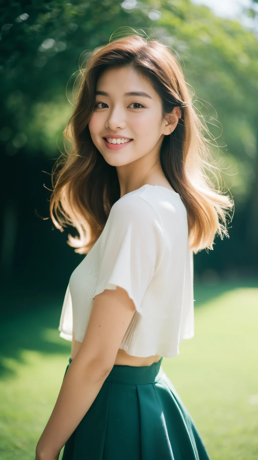 full body, ((best qualtiy, 8K, tmasterpiece:1.3)), Focus:1.2, perfect figure beautiful woman:1.4, asian woman, Cocked buttocks:1.2, ((Cut hair in layers:1.2)), (medium tits), light pink shirt, dark green skirt, Highly detailed facial and skin texture, no make up, A detailed eye, double eyelid,Whiten skin,long whitr hair, ssmile,, morning in the grden, warm sunshine, back lighting, analog Kodak film grain