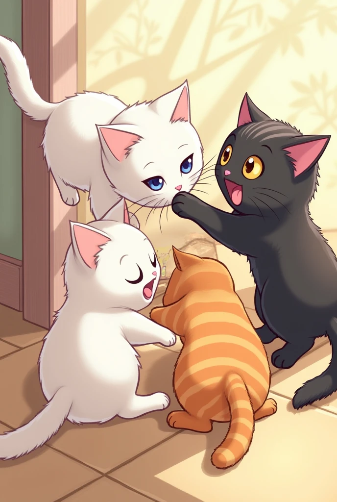 There are 5 kittens, Tingky is white, Wingky is white, Depsy is black tabby, Lala is black tortie, PO is orange tabby 