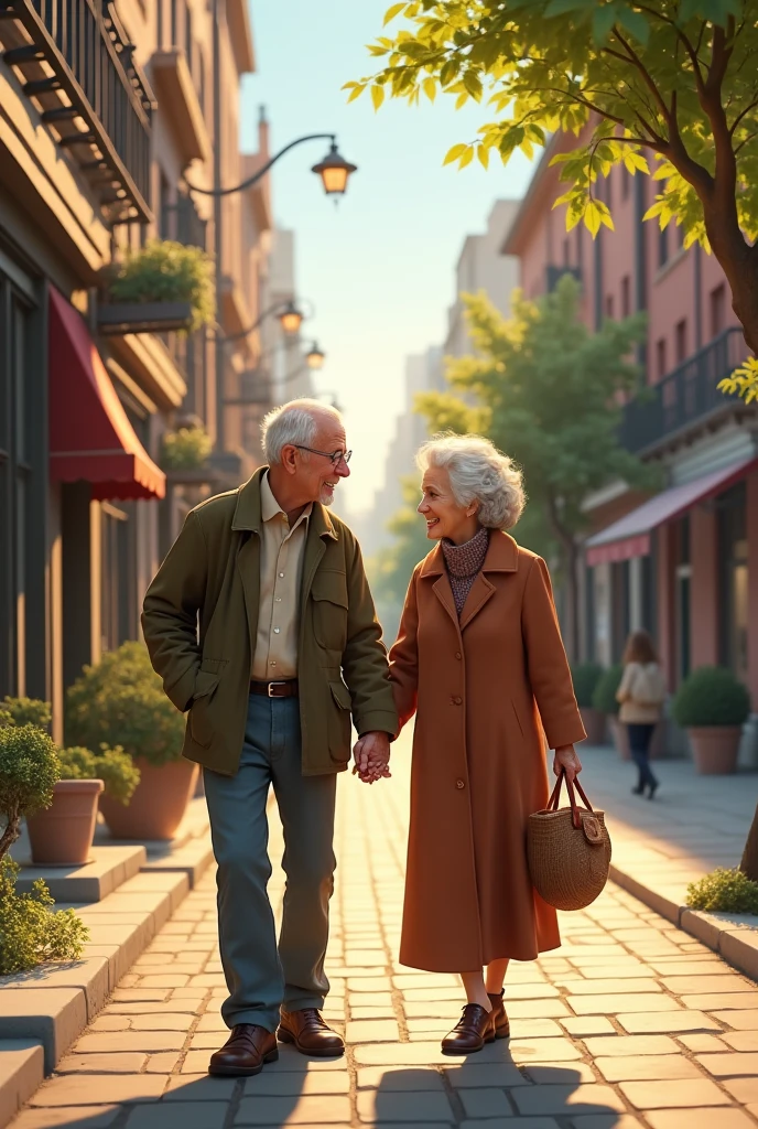 Old couple Holding hands, walking On the street