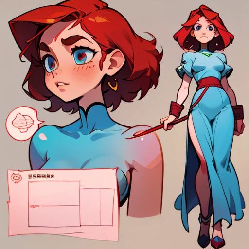 A girl with deep red hair, with a bright and striking tone.
- Her hair is short and slightly wavy, reaching just above her shoulders.
- She wears straight bangs that cover her forehead and mix with longer strands on the sides of her face, framing it softly.
- with a pair of longer strands sticking out at the height of her ears, adding a youthful touch to her style.

- Her face has a slightly rounded shape, with soft cheeks and a youthful air.
- Suletta has brown and pink skin, which stands out with her red hair.
- Her eyes are large and golden in color, with a warm and expressive glow that reflects her innocence and kindness.
- Her eyebrows are thin and a similar tone to her hair, gently arched, giving her a generally friendly and slightly shy expression.
- Her nose is small and slightly upturned.
- Her lips are thin and a soft pink tone, with a natural curve that suggests a subtle smile.

Her build is slim but with a slightly more robust build with soft curves that give her a more youthful air but with wide hips.
- Her posture is usually a little more relaxed and less rigid, sometimes reflecting nervousness or shyness..

Dressed in White with blue, red and yellow highlights  erotic  Lingerie  and with Technological elements 

(((character sheet))) ((various views)) ((front and back) (full body)