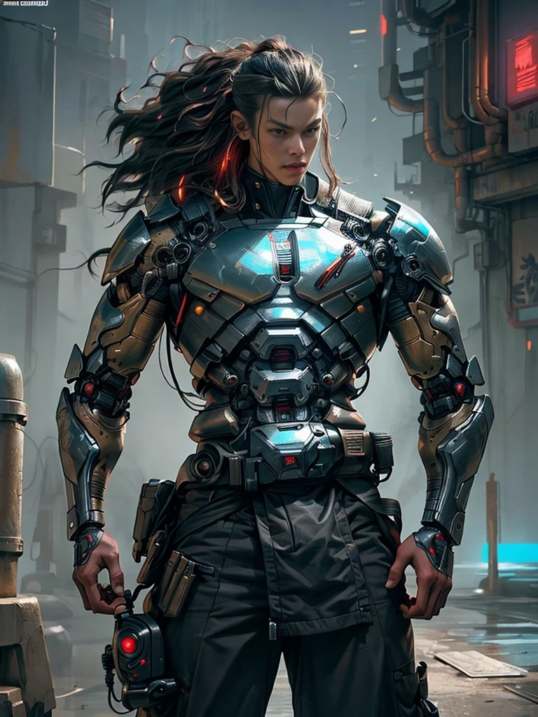 Martial Arts Man as Robot Warrior,Stand up straight and T-post(top quality、8k、32K、masterpiece、nffsw:1.3)、(Ultra-high definition)、(realistic:1.4)、raw photo,perfect eyes,Attractive perfect look,take action:1.2,Detailed cyberpunk fashion、A giant male cyborg with a Mexican vibe, copper skin, A background with a Mexican feel