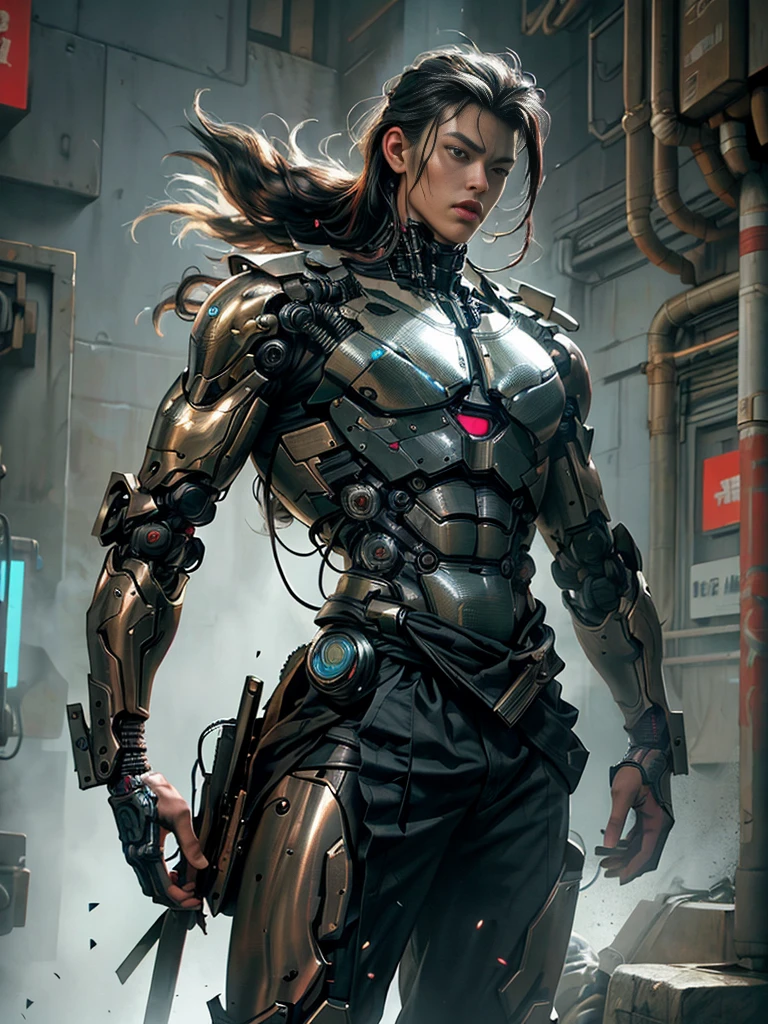 Martial Arts Man as Robot Warrior,Stand up straight and T-post(top quality、8k、32K、masterpiece、nffsw:1.3)、(Ultra-high definition)、(realistic:1.4)、raw photo,perfect eyes,Attractive perfect look,take action:1.2,Detailed cyberpunk fashion、A giant male cyborg with a Mexican vibe, copper skin, A background with a Mexican feel