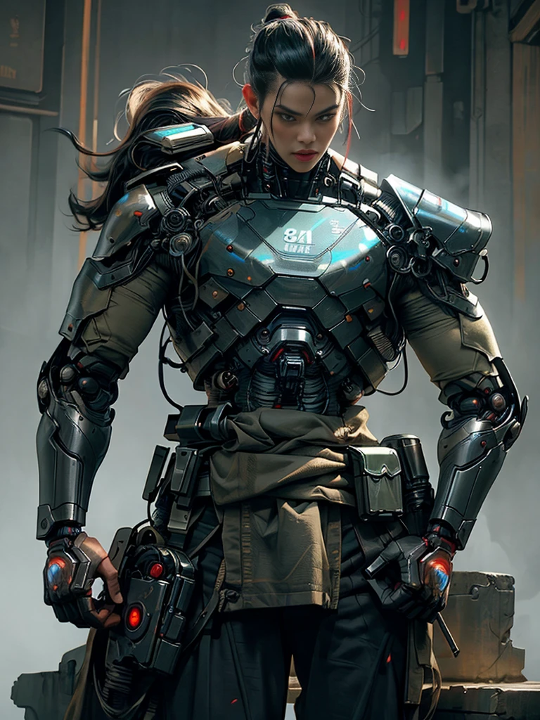 Martial Arts Man as Robot Warrior,Stand up straight and T-post(top quality、8k、32K、masterpiece、nffsw:1.3)、(Ultra-high definition)、(realistic:1.4)、raw photo,perfect eyes,Attractive perfect look,take action:1.2,Detailed cyberpunk fashion、A giant male cyborg with a Mexican vibe, copper skin,  A background with a Mexican feel