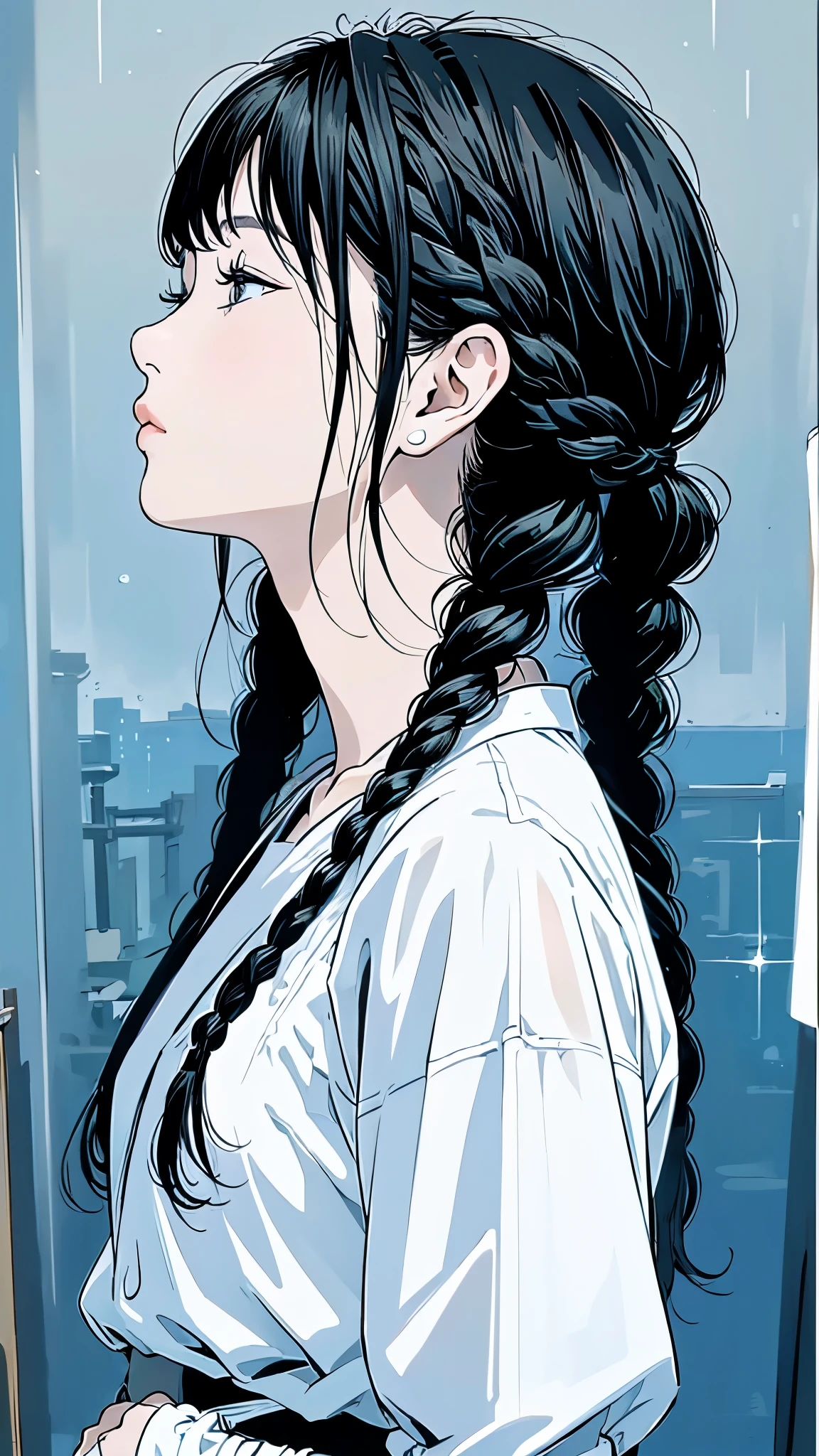 Master Painting、Highest quality、scenery、rain、woman、Very depressive、Black Hair、Braided Hair、Looking up、profile、Upper Body、White jersey、Mid-chest、African。