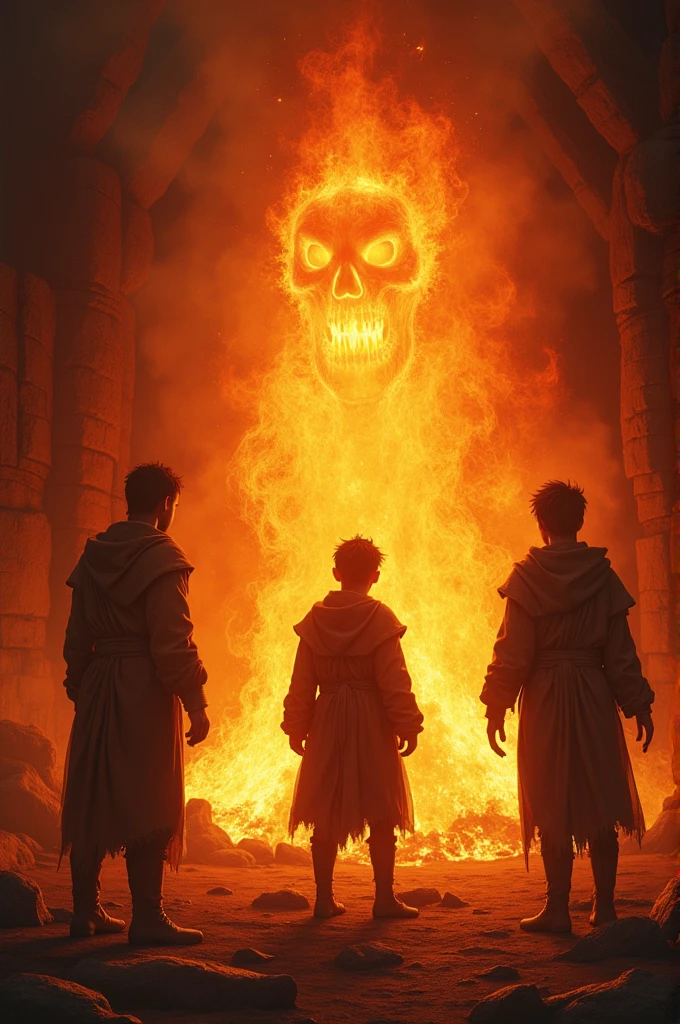 Three ragged young men inside a fiery furnace and a glowing ghost