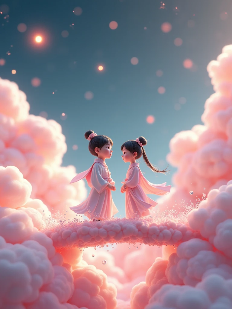 Miniature Landscape,Miniature Models,Fantasy Garden,Aesthetic healing,Rural scenery,Beautiful and poetic,In a vast 3D universe,A boy and a girl in Hanfu stand on a magpie bridge made of soft pink clouds。These clouds are fluffy and soft,As if just plucked from the sky,Each flower has a delicate texture and slight elasticity.。The edge of the magpie bridge is still hung with strings of glittering pearl-like dewdrops.,About to drip。The starry sky around,Stars are not the usual sharp points of light,But each one is round and full、A ball of light woven from soft threads of light,Exudes a soft and warm glow,Like freshly baked marshmallows。The clothes worn by the Cowherd and the Weaver Girl are made of silk that is as light as mist.,When the wind blows,The folds of silk flow naturally like water ripples,The edges of the clothing are inlaid with fluffy white down.,Adds a bit of warmth and romance。Their hair is not a rigid line.,But a strand of silky soft、Slightly curly filaments,As if I could feel the gentle breeze,Studio Lighting,3D, Realistic lighting,Beautiful light,Edge Glow,Volumetric Light,Rim Light,Bioluminescence,Perfect composition,Masterpiece,8k
