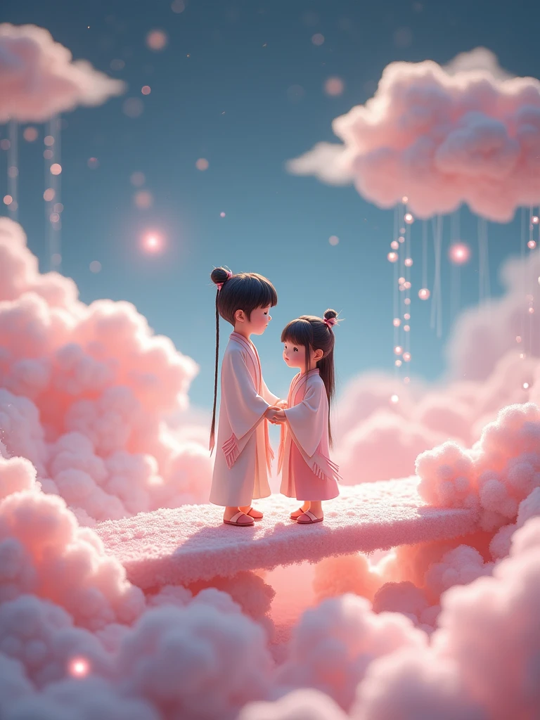 Miniature Landscape,Miniature Models，Fantasy Garden，Aesthetic healing，Rural scenery，Beautiful and poetic，In a vast 3D universe，A boy and a girl in Hanfu stand on a magpie bridge made of soft pink clouds。These clouds are fluffy and soft，As if just plucked from the sky，Each flower has a delicate texture and slight elasticity.。The edge of the magpie bridge is still hung with strings of glittering pearl-like dewdrops.，About to drip。The starry sky around，Stars are not the usual sharp points of light，But each one is round and full、A ball of light woven from soft threads of light，Exudes a soft and warm glow，Like freshly baked marshmallows。The clothes worn by the Cowherd and the Weaver Girl are made of silk that is as light as mist.，When the wind blows，The folds of silk flow naturally like water ripples，The edges of the clothing are inlaid with fluffy white down.，Adds a bit of warmth and romance。Their hair is not a rigid line.，But a strand of silky soft、Slightly curly filaments，As if I could feel the gentle breeze，Studio Lighting，3D, Realistic lighting，Beautiful light，Edge Glow，Volumetric Light，Rim Light，Bioluminescence，Perfect composition，Masterpiece，8k