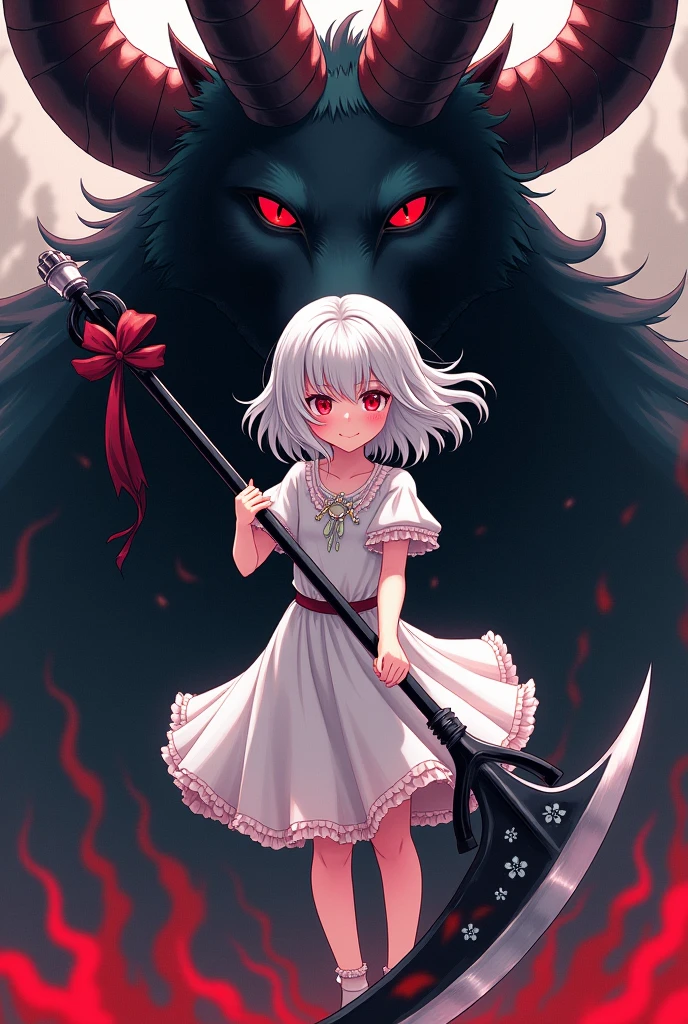 The cover image of the manga, Gray Grim Reaper Scythe, features a cute girl with waist-length white hair and ruby red eyes, standing in a beautiful pose holding a scythe The sickle has a single black handle There is a black three-headed Cerberus dog behind.