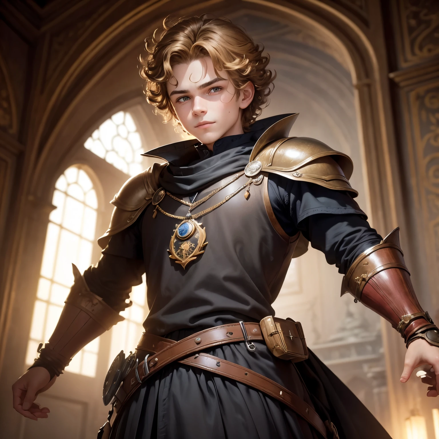 ((best qualityer)), ((work of art)), (detailded), 8k, 4K, hight contrast, work of art, Meticulous attention to facial features and hair strands, 10 year old young man, an adventurous man with curly blond hair ,black mantle,layer , Arms crossed pose ,battle costume ,slightly-smile,in the background a castle hall ,clear lighting, detailed shadows