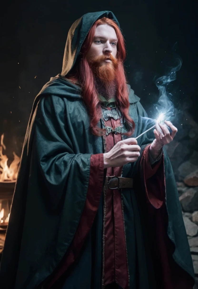 A wizard with red hair and a long red beard, wearing a dirty and worn dark blue cloak and a pointed hat, releasing a green magic through the wand.