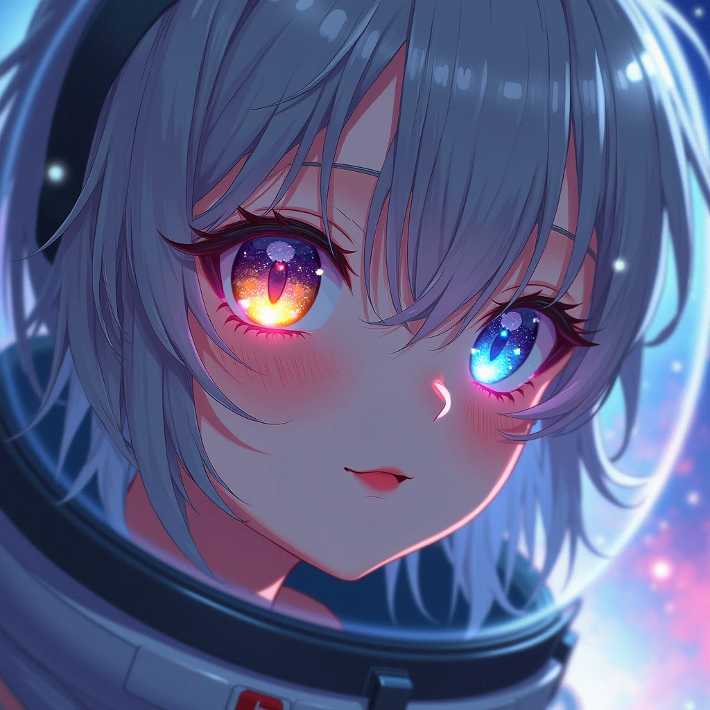 ( anime hd girl Close-up of a better masterpiece:1.5)0.9], (Space and astronauts:1.2) (Messy silver hair:1.1) (Heterochromia xanthochromia and blue eyes:1.2) (Space Helmet:1.0) (Colored stars in the eyes:1.0) (A radiant glow:1.1) (thick lips:0.9 red glossy lips)
