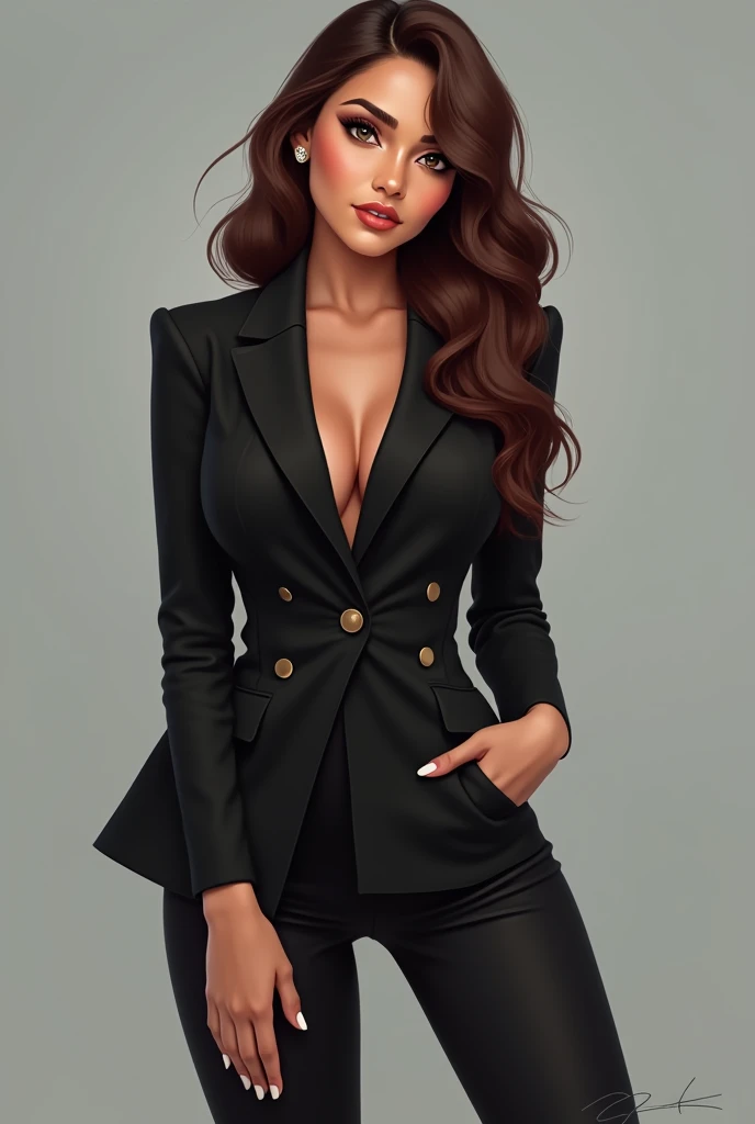 Create an image of a woman named Roela Manalo, who embodies the following features: She is born in July (Cancer), has beautiful, expressive eyes, and fair skin that reflects her mixed heritage of half Chinese and Spanish Filipino descent. She has a small flat nose typical of Filipino features, a tall jawline, and smokey eyes. Her long, curvy hair is brown with subtle red highlights. Roela stands at 165 cm tall and has full, sexy lips. She has ear piercings and is dressed in a sleek black businesswoman outfit, paired with stylish Nike shoes. Her confident demeanor adds to her striking presence.