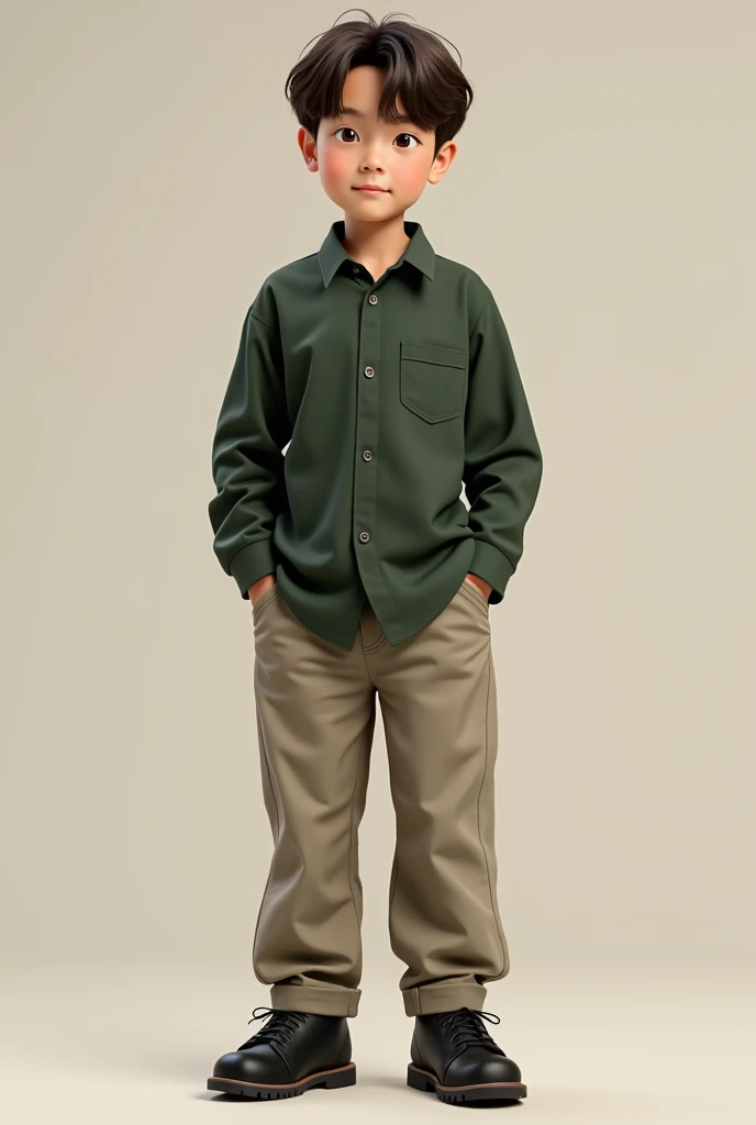 Boy wearing a thick Ash color
pant and dark green shirt with black shoes
