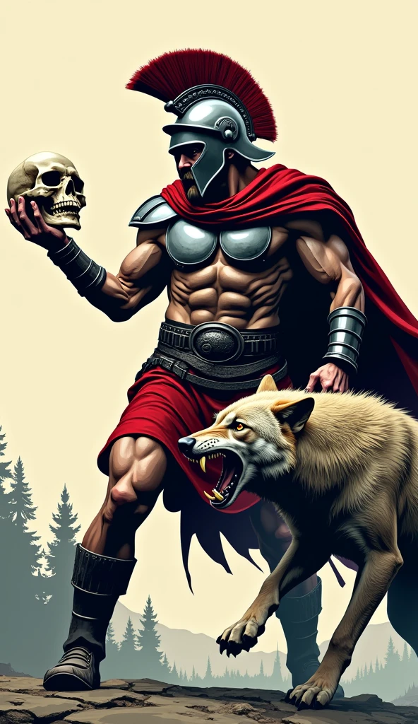 a spartan holding a skull killing a wolf with the logo style 