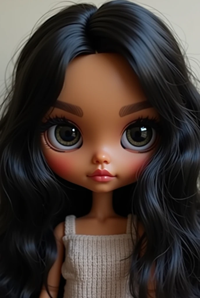 Blythe doll medium brown skin Long wavy black hair, no bangs middle part hair and black eyes. Closeup image
