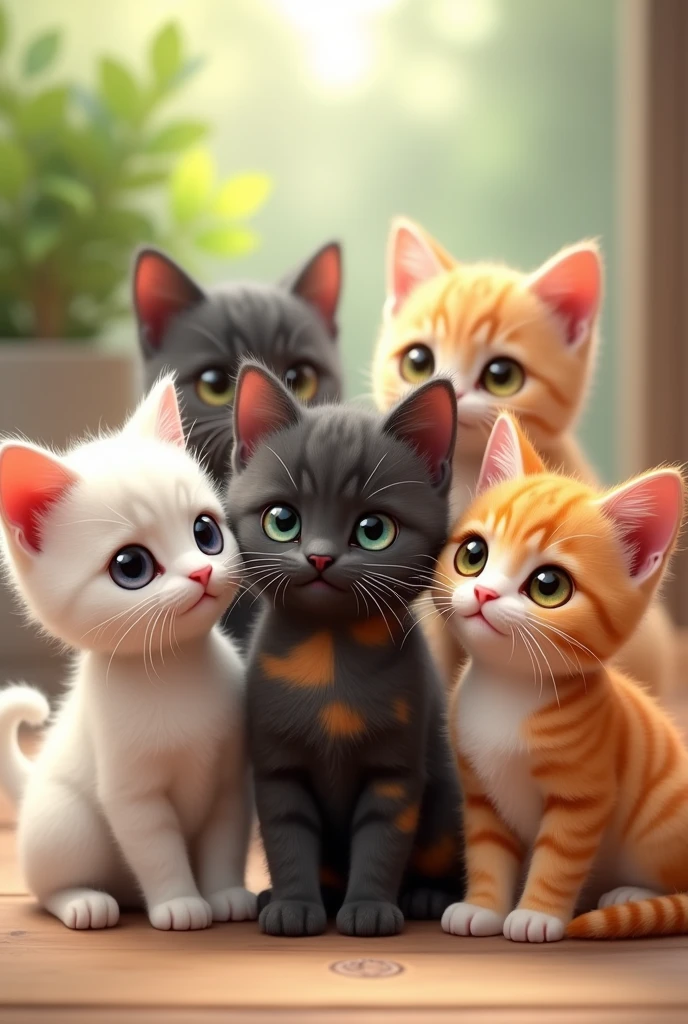 There are 5 kittens, Tingky is white, Wingky is white, Depsy is black tabby, Lala is black tortie, PO is orange tabby