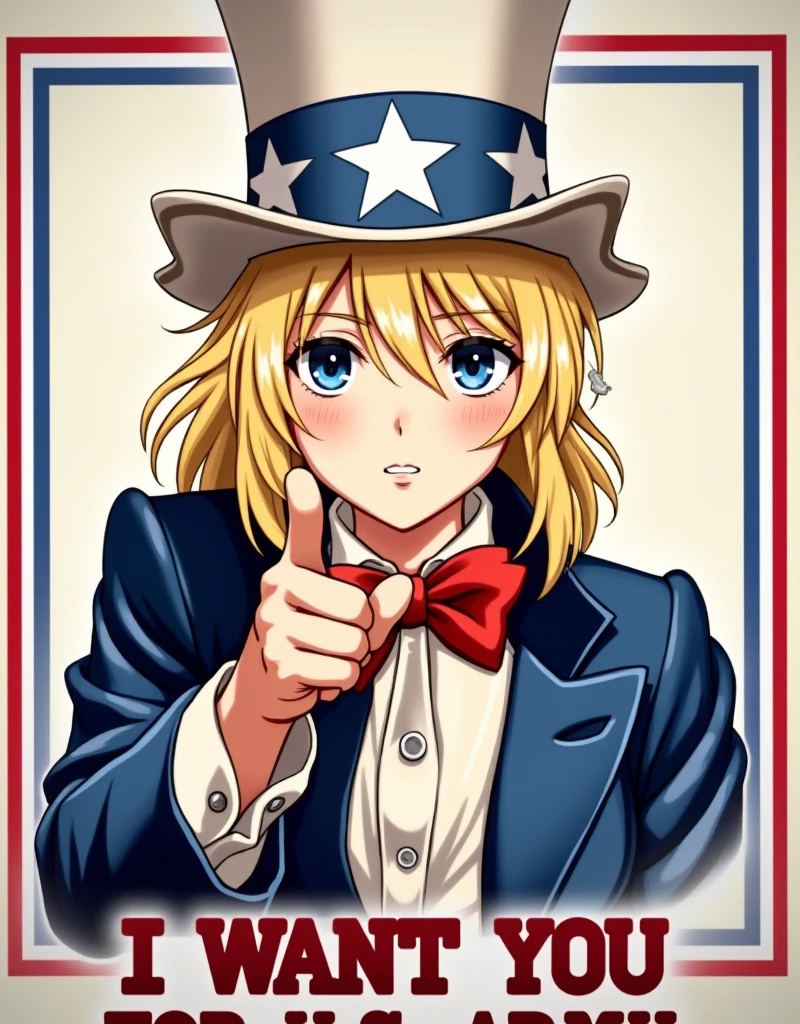 Young beautiful woman,(Highest quality,Extremely detailed depiction,Incredibly absurd high resolution,Anatomically accurate depiction),Woman dressed as Uncle Sam,Blonde,Pointing at the screen,American Poster,Text at the bottom of the picture,article:I Want You for U.S. Army,anime,