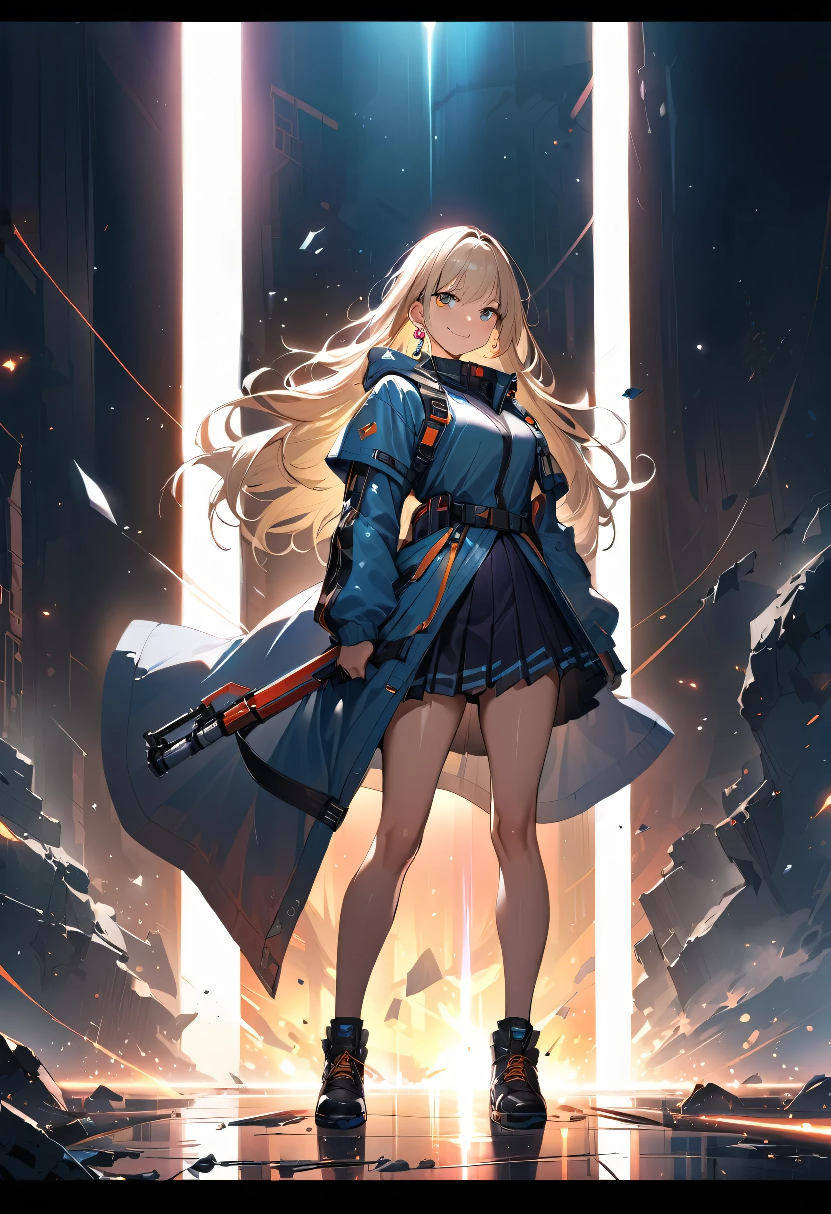 masterpiece, Highest quality, (((Ruined battlefield)))、(((Smile invincibly)))、Raising awareness, Large firearms, プラチナEarrings, Platinum Necklace, Black combat suit,Carrying a weapon, One Girl, cute, (Dynamic Lighting:1.2), Cinema Lighting, Delicate facial features, Detailed eyes, Sharp pupils, Realistic student, Written boundary depth, ボケ Written boundary depth, Sharp focus, (Very detailed, bloom, Shine:1.4), Lots of little gems, (((long_hair))), Twin tails、Earrings、分けた前hair、銀hair、whole body、Ultra close-up footage、The top is transparent up to the chest.、See-through design。The bottoms are a very short navy blue pleated skirt.、Fits snugly around the waist。The background is simple white.、this、The text is easier to see.。The light source is a soft light from the front....、The overall atmosphere is bright and clean....。