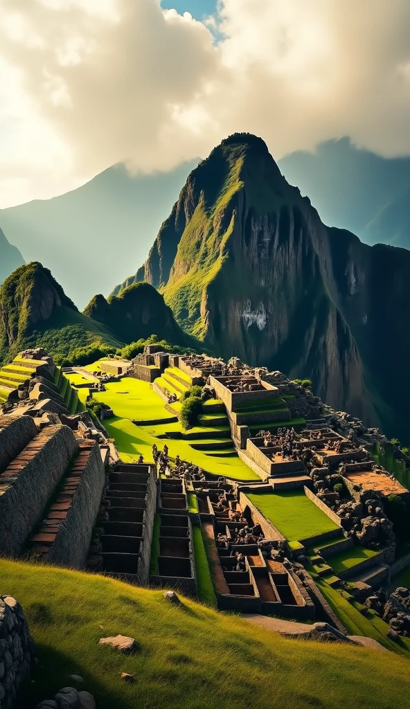 a beautiful Machu Picchu landscape, ancient Inca ruins, dramatic cloudy sky, lush green mountains, detailed architecture, famous landmarks, cinematic lighting, golden hour, photorealistic, 8k, high quality, professional photography, name written Machu Picchu to use as video cover.