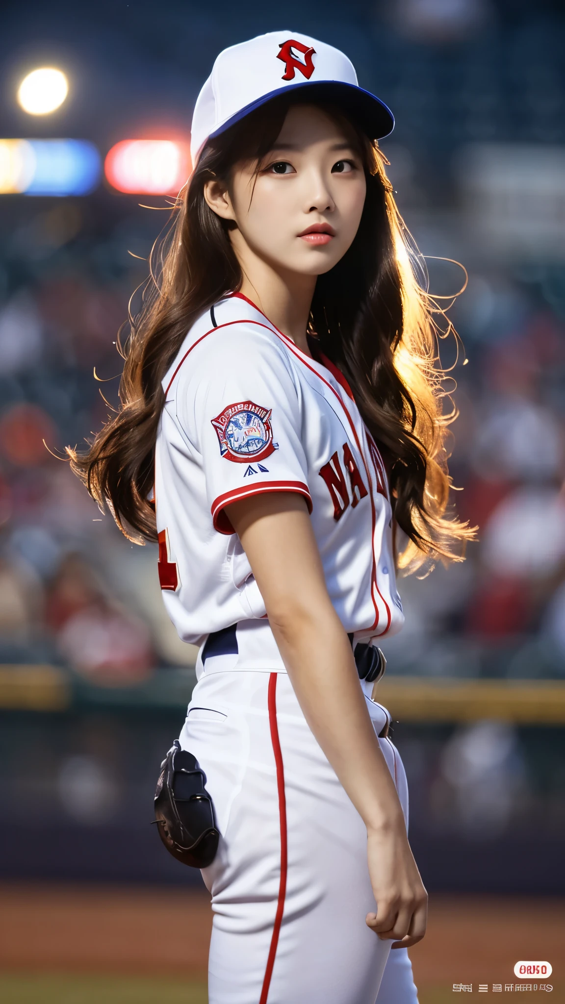 realistic, Highly Detailed CG Integrated 8 thousand Dendenden Wallpapers, Detail, High quality RAW color photos, professional photography, (8K, RAW photos, best quality), (realistic: 1.37), transcendent beauty, 1girl, 어린 and cute, glowing skin, (fair face:1.2), (long hair blowing in the wind:1.2), huge baseball field, Pitcher, verse, 야구 verse, Baseball cap, Baseball Uniforms, 타이트한 Baseball Uniforms, wearing baseball gloves, Stretch one leg upwards, v-neck open, night, Nighttime, Nighttime verse, night 하늘,