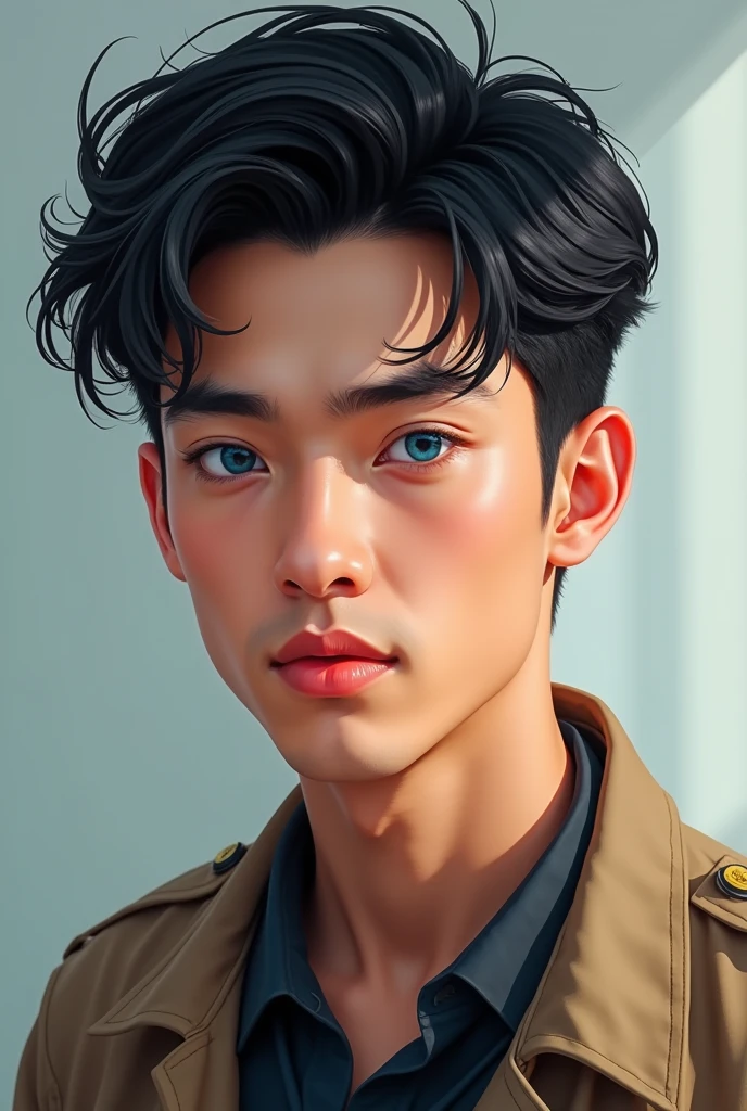 Beautiful handsome college boy with black hair, blue eyes in 2D picture