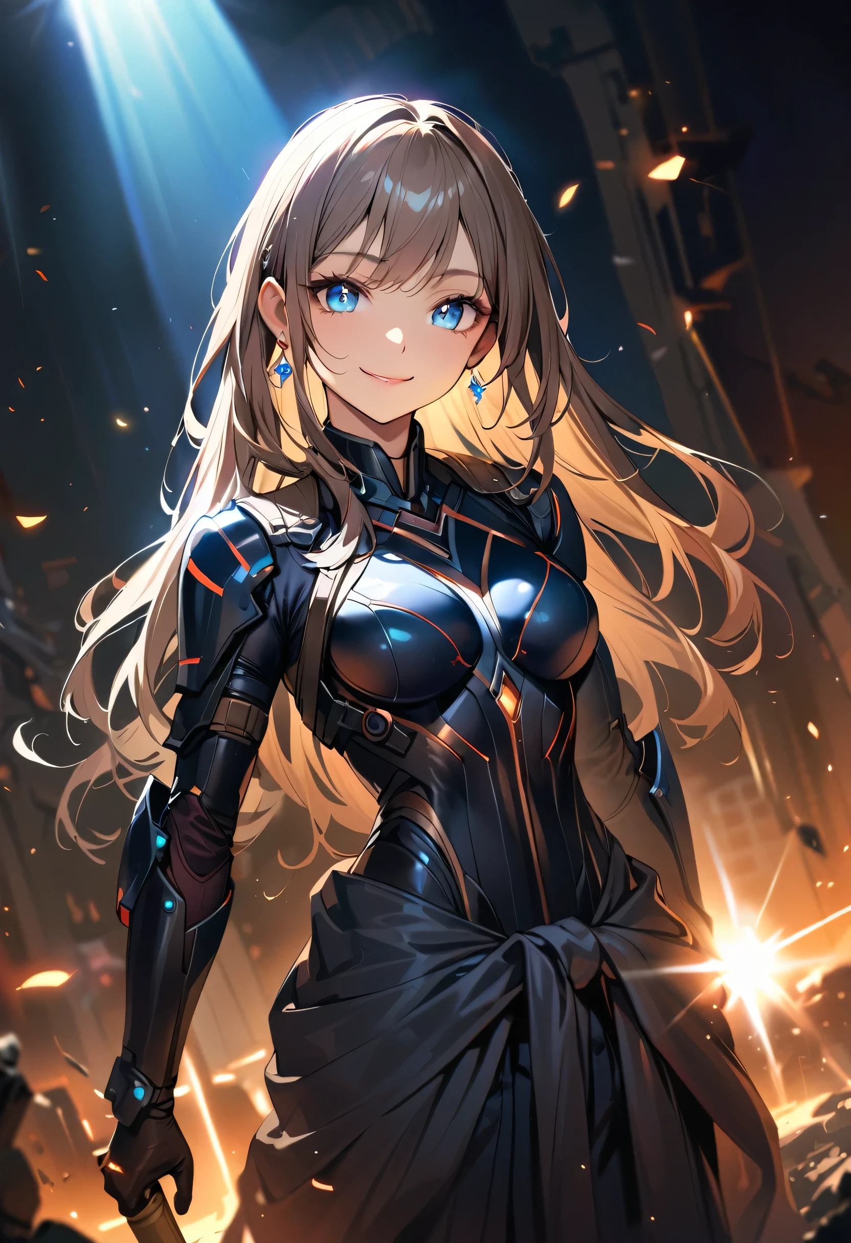 masterpiece, Highest quality, (((Ruined battlefield)))、(((Smile invincibly)))、Raising awareness, Large firearms, プラチナEarrings, Platinum Necklace, Black combat suit,Carrying a weapon, One Girl, cute, (Dynamic Lighting:1.2), Cinema Lighting, Delicate facial features, Detailed eyes, Sharp pupils, Realistic student, Written boundary depth, ボケ Written boundary depth, Sharp focus, (Very detailed, bloom, Shine:1.4), Lots of little gems, (((long_hair))),　Twin tails、Earrings、分けた前hair、銀hair、whole body、Ultra close-up footage、The top is transparent up to the chest.、See-through design。The bottoms are a very short navy blue pleated skirt.、Fits snugly around the waist。The background is simple white.、this、The text is easier to see.。The light source is a soft light from the front....、The overall atmosphere is bright and clean....。