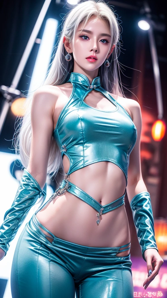 Realistically, high resolution, 1 girl, White hair, Korean, Blue eyes, Transparent cheongsam is flying，Transparent tight-fitting garment，Beads of sweat dripped down the buttocks，Big breasts，Wide hips， Your butt，Visible butt，Visible on the back，Buttocks visible，Come，Wide-angle lens，Movie Lenses，Glowing skin，space ship，