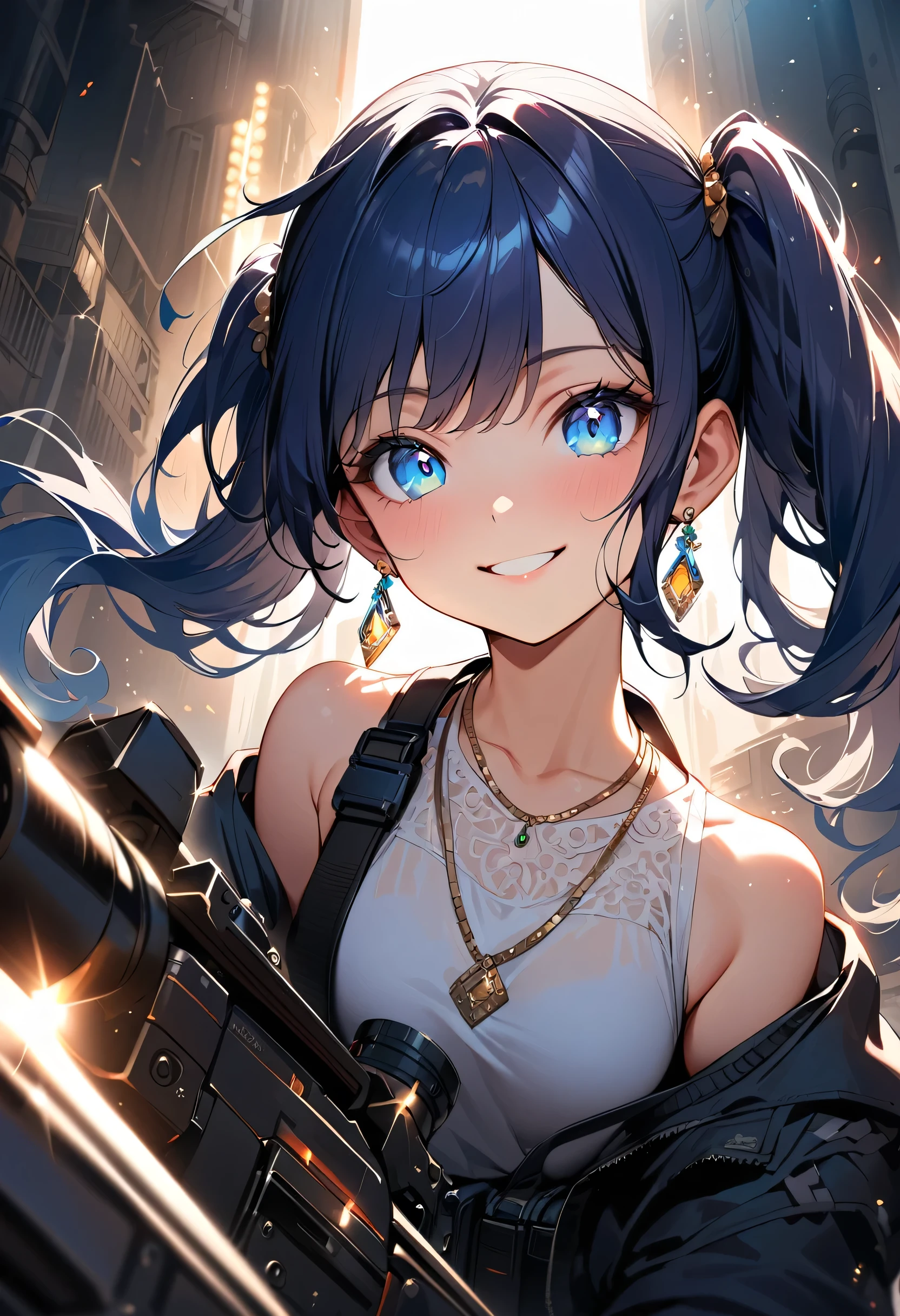 masterpiece, Highest quality, (((Ruined battlefield)))、(((Smile invincibly)))、Raising awareness, Large firearms, プラチナEarrings, Platinum Necklace, Black combat suit,Carrying a weapon, One Girl, cute, (Dynamic Lighting:1.2), Cinema Lighting, Delicate facial features, Detailed eyes, Sharp pupils, Realistic student, Written boundary depth, ボケ Written boundary depth, Sharp focus, (Very detailed, bloom, Shine:1.4), Lots of little gems, (((long_hair))),　Twin tails、Earrings、分けた前hair、銀hair、whole body、Ultra close-up footage、The top is transparent up to the chest.、See-through design。The bottoms are a very short navy blue pleated skirt.、Fits snugly around the waist。The background is simple white.、this、The text is easier to see.。The light source is a soft light from the front....、The overall atmosphere is bright and clean....。